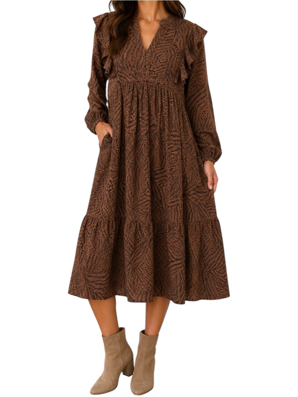 A New Day Brown Black Abstract Print Lined Ruffle Midi Dress w/Pockets Large